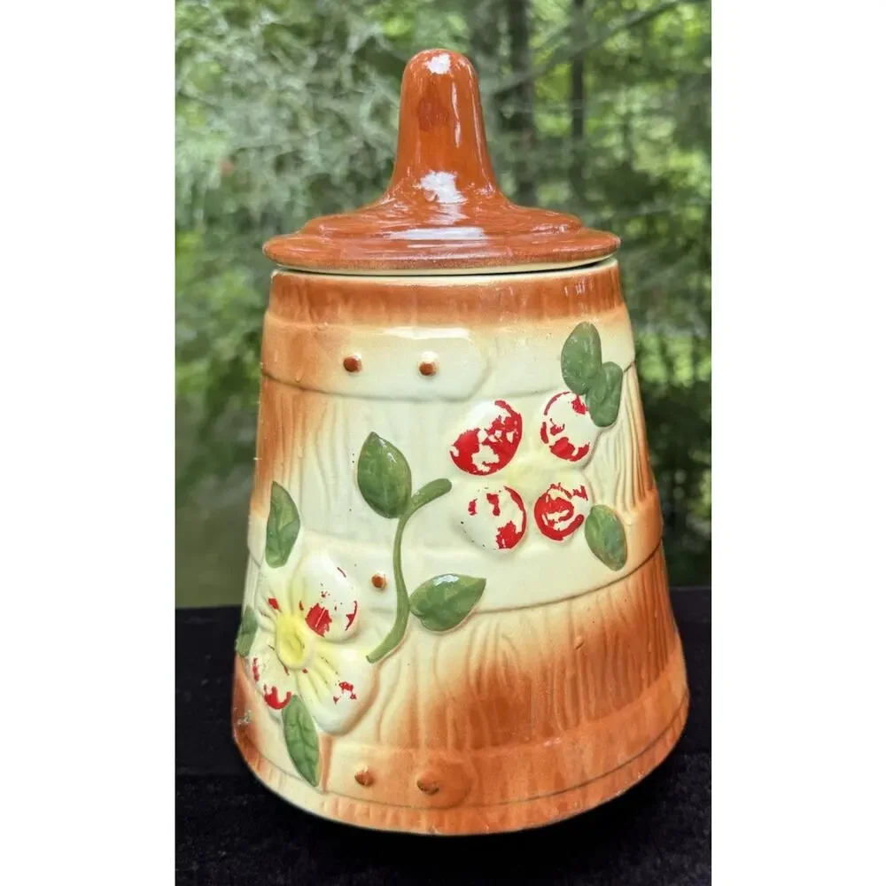 Vintage McCoy Pottery Butter Churn Dogwood Floral Cookie Jar c 1940s Made in USA